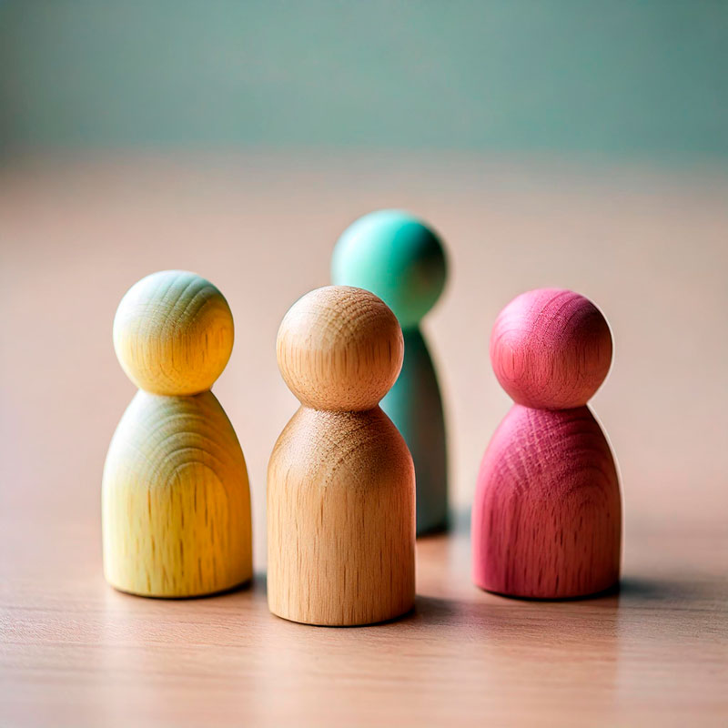 Vier Holz-Spielfiguren stehen beieinander. Sie sind pastellfarbig in gelbgold, pink und meeresgrün und die Atmosphäre ist hell und freundlich.